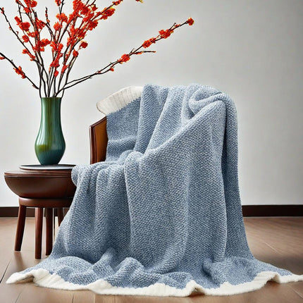 Blue and White Plush Chenille-Knit Throw Blanket - Soft Cozy Polyester for Bed & Sofa | Textured Two-Tone Design (127x153cm).