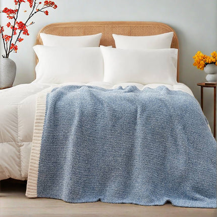 Blue and White Plush Chenille-Knit Throw Blanket - Soft Cozy Polyester for Bed & Sofa | Textured Two-Tone Design (127x153cm).