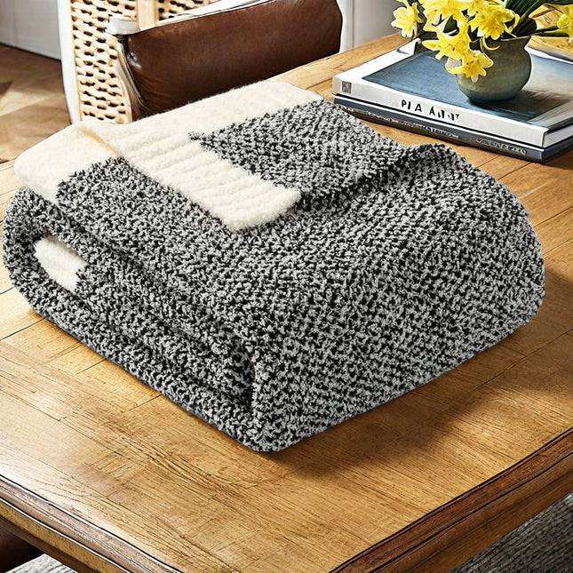 Black and White Plush Chenille-Knit Throw Blanket - Soft Cozy Polyester for Bed & Sofa | Textured Two-Tone Design (127x153cm).