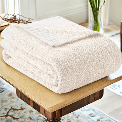 Beige and White Plush Chenille-Knit Throw Blanket - Soft Cozy Polyester for Bed & Sofa | Textured Two-Tone Design (127x153cm).