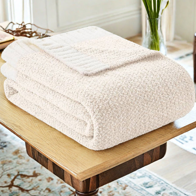 Beige and White Plush Chenille-Knit Throw Blanket - Soft Cozy Polyester for Bed & Sofa | Textured Two-Tone Design (127x153cm).
