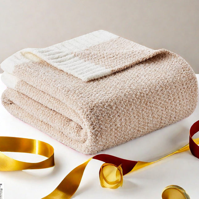 Pink and White Plush Chenille-Knit Throw Blanket - Soft Cozy Polyester for Bed & Sofa | Textured Two-Tone Design (127x153cm).