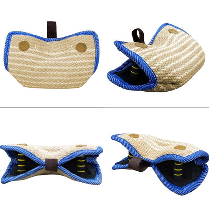 Blue and Khaki Heavy Duty Jute Dog Bite Pillow - Professional Training Tug Toy with 3 Handles for Schutzhund, K9, Agility & Bite Work.