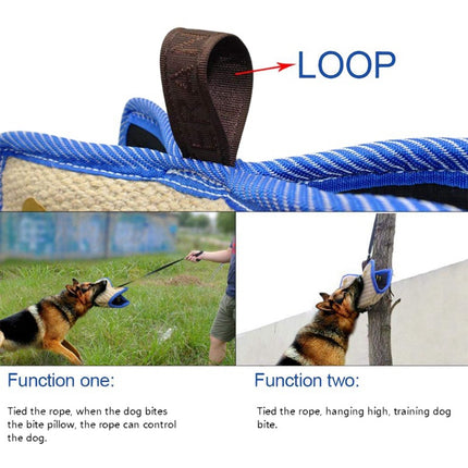 Blue and Khaki Heavy Duty Jute Dog Bite Pillow - Professional Training Tug Toy with 3 Handles for Schutzhund, K9, Agility & Bite Work.