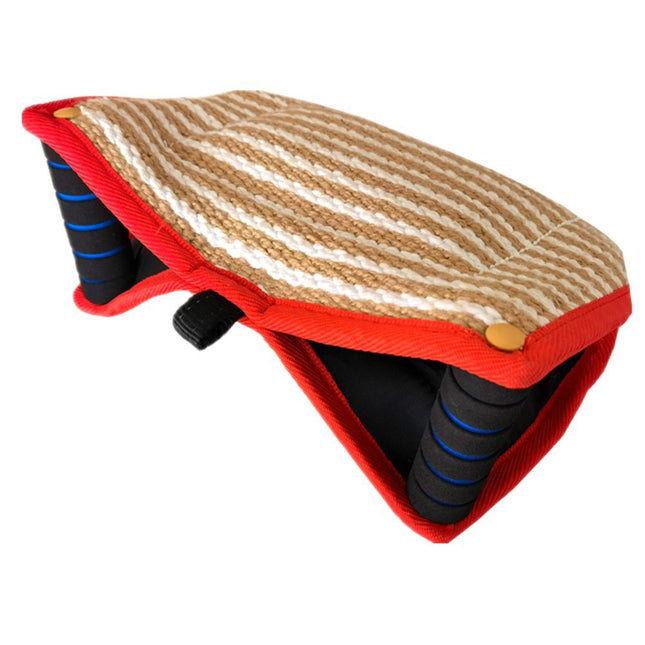 Red and Khaki Heavy Duty Jute Dog Bite Pillow - Professional Training Tug Toy with 3 Handles for Schutzhund, K9, Agility & Bite Work.