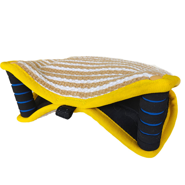 Yellow and Khaki Heavy Duty Jute Dog Bite Pillow - Professional Training Tug Toy with 3 Handles for Schutzhund, K9, Agility & Bite Work.