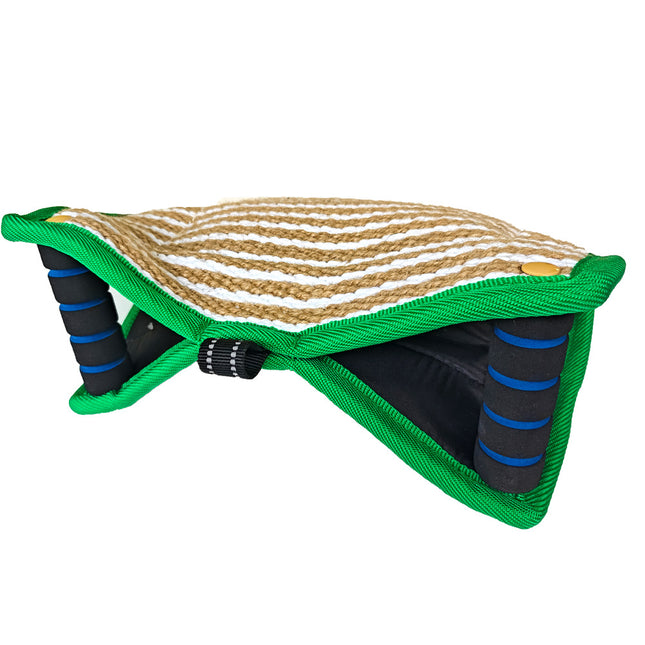 Green and Khaki Heavy Duty Jute Dog Bite Pillow - Professional Training Tug Toy with 3 Handles for Schutzhund, K9, Agility & Bite Work.
