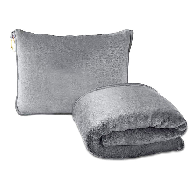 Grey 2-in-1 Plush Travel Blanket & Pillow Set - Soft Flannel with Luggage Strap & Carabiner (50x60in).