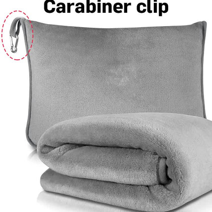 Grey 2-in-1 Plush Travel Blanket & Pillow Set - Soft Flannel with Luggage Strap & Carabiner (50x60in).