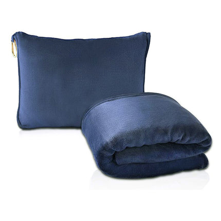Dark Blue 2-in-1 Plush Travel Blanket & Pillow Set - Soft Flannel with Luggage Strap & Carabiner (50x60in).