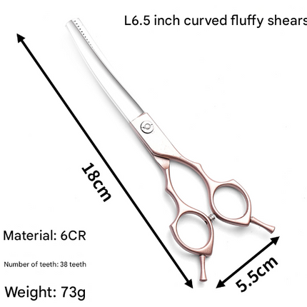 Rose Gold and Silver Professional 6.5 Inch CURVED Pet Grooming Blending Shears - 38-Tooth Stainless Steel Fluffy Finish Scissors for Dogs & Cats.
