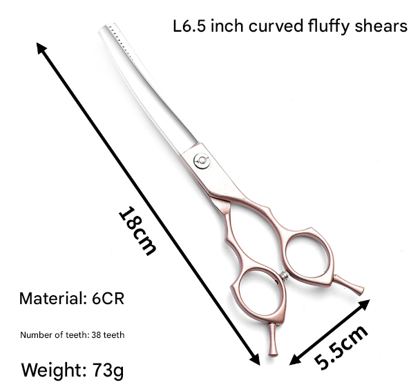 Rose Gold and Silver Professional 6.5 Inch CURVED Pet Grooming Blending Shears - 38-Tooth Stainless Steel Fluffy Finish Scissors for Dogs & Cats.