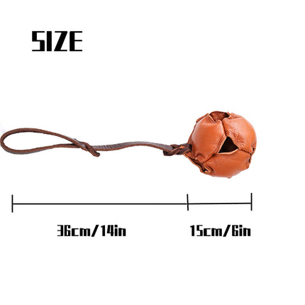 Brown Durable Leather Dog Training Ball with Loop Handle - Interactive Bite & Tug Toy for Playful Pups.