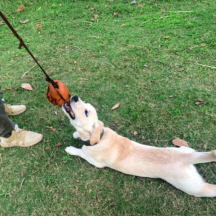 Brown Durable Leather Dog Training Ball with Loop Handle - Interactive Bite & Tug Toy for Playful Pups.
