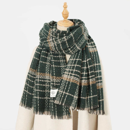 Green Chic Plaid Winter Scarf - Large Soft Polyester Shawl Wrap with Tassels, Korean Inspired Fashion.