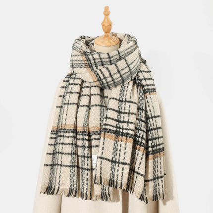 Beige Chic Plaid Winter Scarf - Large Soft Polyester Shawl Wrap with Tassels, Korean Inspired Fashion.