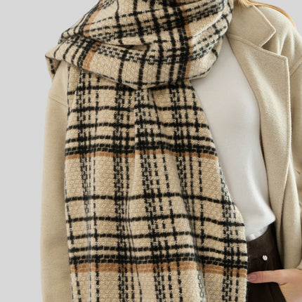 Beige Chic Plaid Winter Scarf - Large Soft Polyester Shawl Wrap with Tassels, Korean Inspired Fashion.