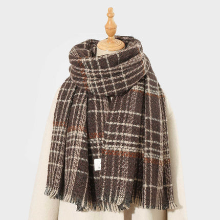 Coffee Chic Plaid Winter Scarf - Large Soft Polyester Shawl Wrap with Tassels, Korean Inspired Fashion.