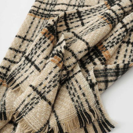 Coffee Chic Plaid Winter Scarf - Large Soft Polyester Shawl Wrap with Tassels, Korean Inspired Fashion.