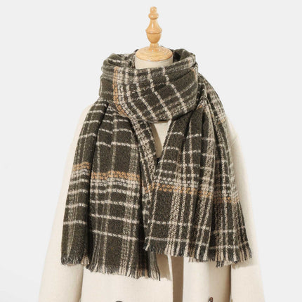 Dark Grey Chic Plaid Winter Scarf - Large Soft Polyester Shawl Wrap with Tassels, Korean Inspired Fashion.