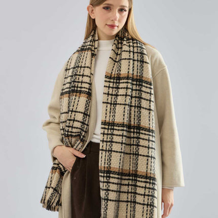 Dark Grey Chic Plaid Winter Scarf - Large Soft Polyester Shawl Wrap with Tassels, Korean Inspired Fashion.