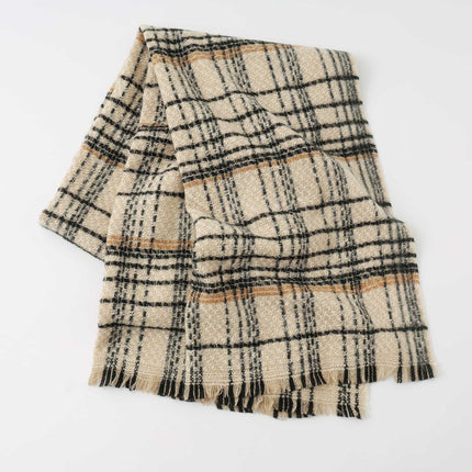 Dark Grey Chic Plaid Winter Scarf - Large Soft Polyester Shawl Wrap with Tassels, Korean Inspired Fashion.