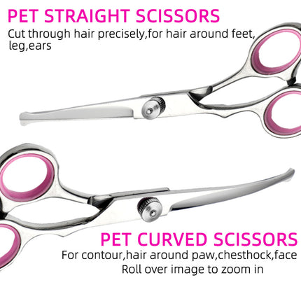 Pink and Silver Complete 5-Piece Pet Grooming Scissors Kit - Stainless Steel Straight, Curved & Thinning Shears with Comb & PU Case (6.0 Inch).