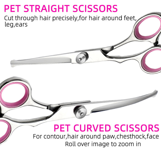 Pink and Silver Complete 5-Piece Pet Grooming Scissors Kit - Stainless Steel Straight, Curved & Thinning Shears with Comb & PU Case (6.0 Inch).