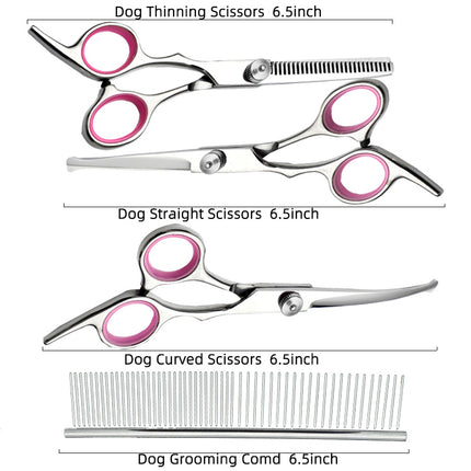 Pink and Silver Complete 5-Piece Pet Grooming Scissors Kit - Stainless Steel Straight, Curved & Thinning Shears with Comb & PU Case (6.0 Inch).