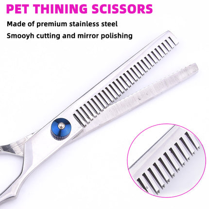 Pink and Silver Complete 5-Piece Pet Grooming Scissors Kit - Stainless Steel Straight, Curved & Thinning Shears with Comb & PU Case (6.0 Inch).