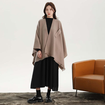 Khaki Elegant Soft Knit Poncho Cape - Warm Autumn Winter Shawl Wrap with Side Tie, Thick & Luxurious Feel.