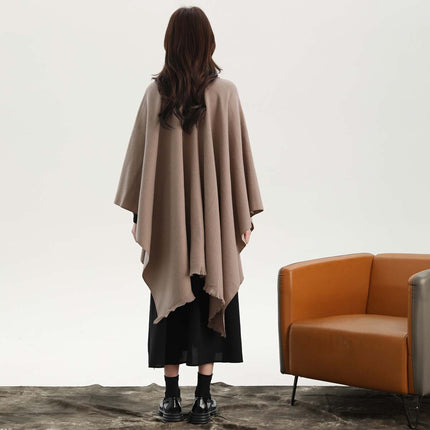 Khaki Elegant Soft Knit Poncho Cape - Warm Autumn Winter Shawl Wrap with Side Tie, Thick & Luxurious Feel.
