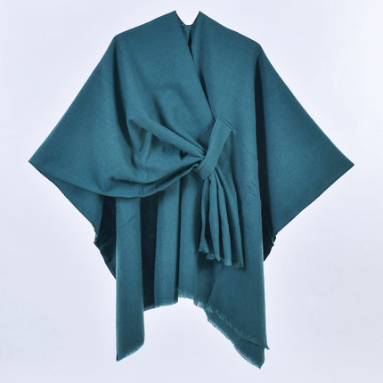 Dark Green Elegant Soft Knit Poncho Cape - Warm Autumn Winter Shawl Wrap with Side Tie, Thick & Luxurious Feel.