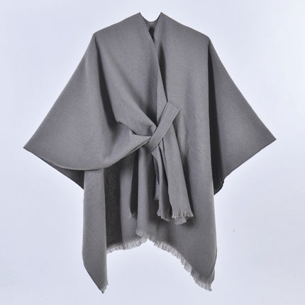 Grey Elegant Soft Knit Poncho Cape - Warm Autumn Winter Shawl Wrap with Side Tie, Thick & Luxurious Feel.