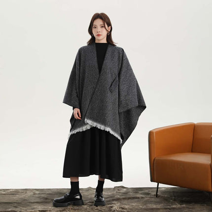 Black and White Elegant Soft Knit Poncho Cape - Warm Autumn Winter Shawl Wrap with Side Tie, Thick & Luxurious Feel.
