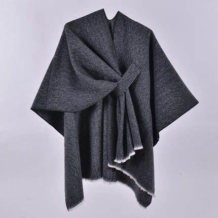 Black and White Elegant Soft Knit Poncho Cape - Warm Autumn Winter Shawl Wrap with Side Tie, Thick & Luxurious Feel.