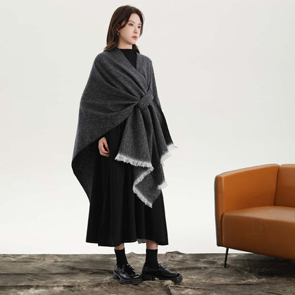 Black and White Elegant Soft Knit Poncho Cape - Warm Autumn Winter Shawl Wrap with Side Tie, Thick & Luxurious Feel.