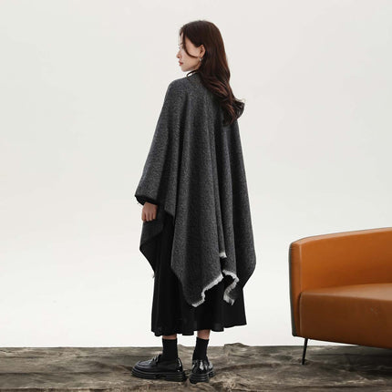 Black and White Elegant Soft Knit Poncho Cape - Warm Autumn Winter Shawl Wrap with Side Tie, Thick & Luxurious Feel.