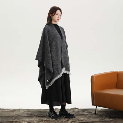 Black and White Elegant Soft Knit Poncho Cape - Warm Autumn Winter Shawl Wrap with Side Tie, Thick & Luxurious Feel.