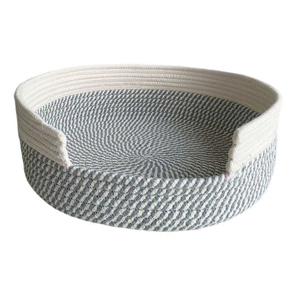 Grey and White Chic Two-Tone Woven Cotton Rope Cat Bed - Cozy Handmade Pet Nest & Storage Basket.