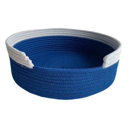Blue and White Chic Two-Tone Woven Cotton Rope Cat Bed - Cozy Handmade Pet Nest & Storage Basket.