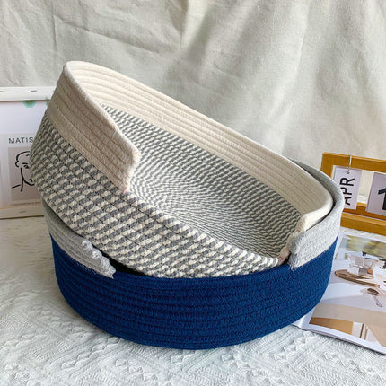 Blue and White Chic Two-Tone Woven Cotton Rope Cat Bed - Cozy Handmade Pet Nest & Storage Basket.