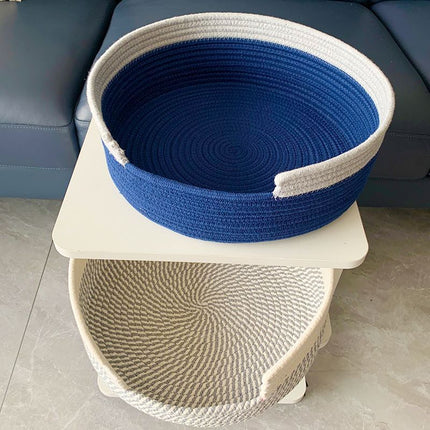 Blue and White Chic Two-Tone Woven Cotton Rope Cat Bed - Cozy Handmade Pet Nest & Storage Basket.