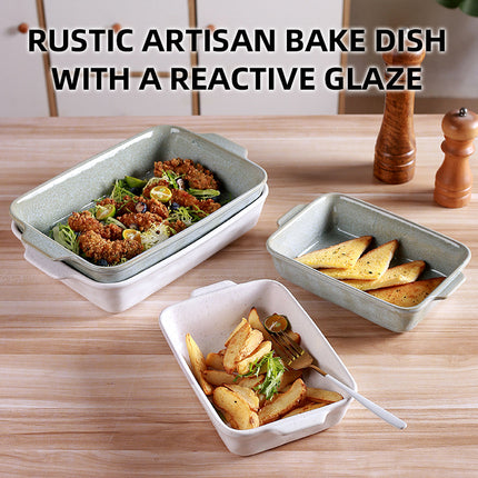 Green Elegant Speckled Ceramic Rectangular Baking Dish - 800ML Oven & Microwave Safe Casserole Pan with Handles.