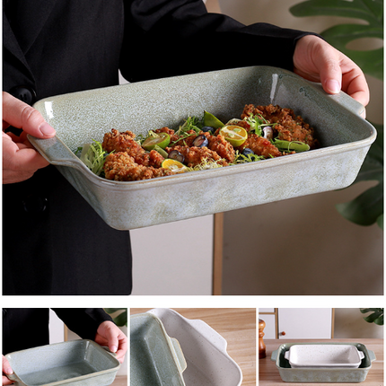 Green Elegant Speckled Ceramic Rectangular Baking Dish - 800ML Oven & Microwave Safe Casserole Pan with Handles.