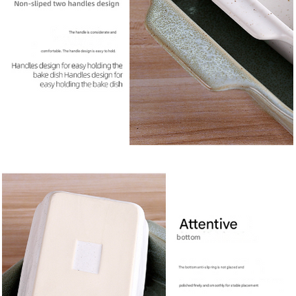 Green Elegant Speckled Ceramic Rectangular Baking Dish - 800ML Oven & Microwave Safe Casserole Pan with Handles.