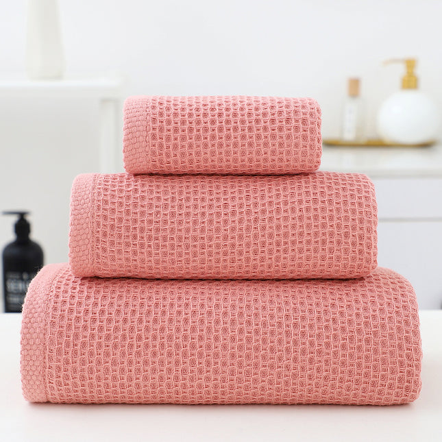 Pink Premium 3-Piece Waffle Weave Cotton Towel Set - Lightweight, Quick-Dry & Absorbent - Bath, Hand, Face Cloth.