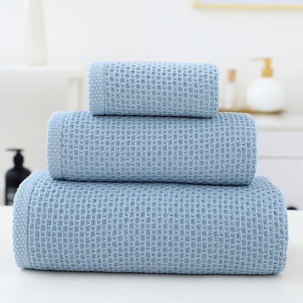 Blue Premium 3-Piece Waffle Weave Cotton Towel Set - Lightweight, Quick-Dry & Absorbent - Bath, Hand, Face Cloth.