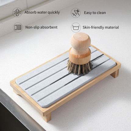 White Natural Diatomaceous Earth Absorbent Drying Tray with Bamboo Base - Quick-Dry Stone Mat for Kitchen & Bathroom Sink.