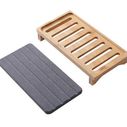 White Natural Diatomaceous Earth Absorbent Drying Tray with Bamboo Base - Quick-Dry Stone Mat for Kitchen & Bathroom Sink.